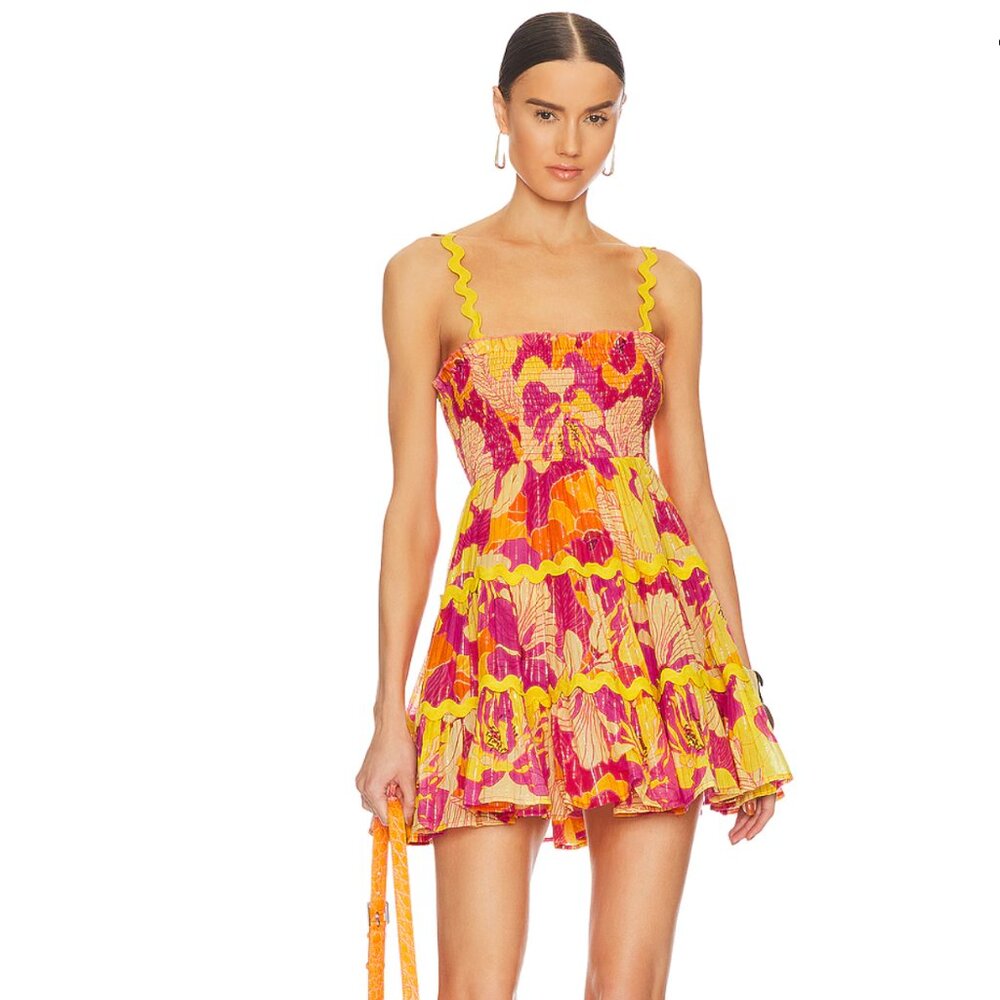 Sundress Floral Smocked Mini Dress – Pink & Yellow Linen Ruffle Dress (Size S)